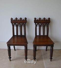 A Pair of 19th Century Gothic Oak Hall Side Table Bedroom Kitchen Chairs Two 2