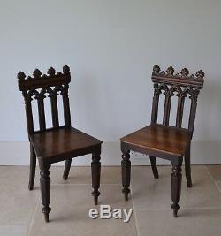 A Pair of 19th Century Gothic Oak Hall Side Table Bedroom Kitchen Chairs Two 2