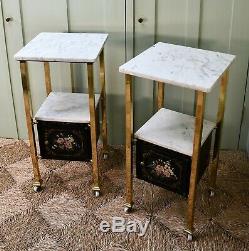 A Pair of Early 20th C French Brass Marble Bed Side Cabinet Lamp Hall Tables