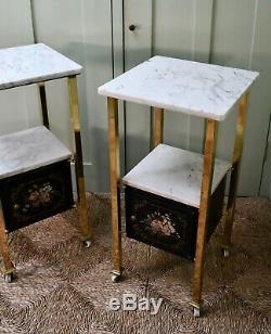 A Pair of Early 20th C French Brass Marble Bed Side Cabinet Lamp Hall Tables