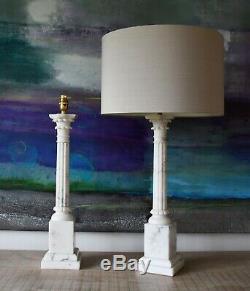 A Pair of Mid C Italian Alabaster Marble Corinthian Column Brass Table Lamps