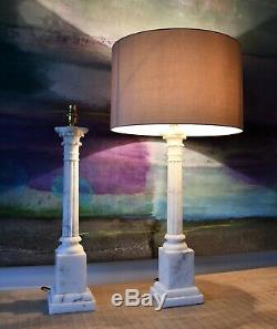 A Pair of Mid C Italian Alabaster Marble Corinthian Column Brass Table Lamps