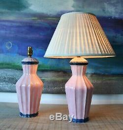 A Pair of Mid Century Italian Pink Ceramic Vase Brass Side Table Hall Lamps