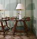 A Pair Of Vintage Bamboo Cane Rattan Glass Coffee Bed Side Lamp Trolley Tables