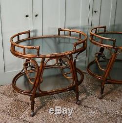 A Pair of Vintage Bamboo Cane Rattan Glass Coffee Bed Side Lamp Trolley Tables