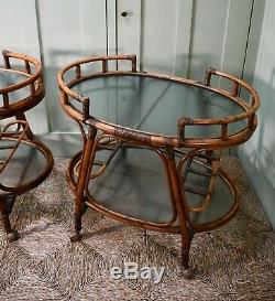 A Pair of Vintage Bamboo Cane Rattan Glass Coffee Bed Side Lamp Trolley Tables