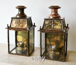 A Pair of Vintage Copper & Brass Porch Hall Side Table Lamp Wall Lights Lanterns