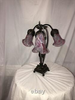 ART DECO STYLE HANDMADE WROUGHT IRON TABLE LAMP 3 BLOWN GLASS SHADES Pink/White