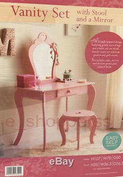 Amelia Vanity Set / Dressing Table With Mirror & Stool Children Kids Wooden Pink