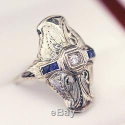 Antique Art Deco Diamond & Sapphire plaque style engagement ring, 18ct filigree
