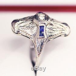 Antique Art Deco Diamond & Sapphire plaque style engagement ring, 18ct filigree