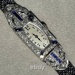 Antique Art Deco European Diamond Blue Sapphire Platinum Tonneau Watch 1920s
