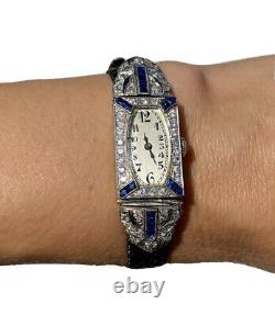 Antique Art Deco European Diamond Blue Sapphire Platinum Tonneau Watch 1920s