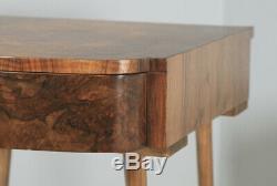 Antique English Art Deco Burr Walnut Bedroom Bowed Bedside Occasional Side Table