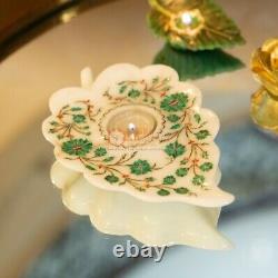Antique Marble White Top Candle Holder Malachite Inlay Floral Art Hallway Decors