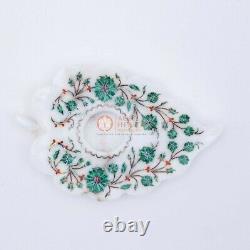 Antique Marble White Top Candle Holder Malachite Inlay Floral Art Hallway Decors