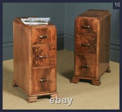 Antique Pair of Art Deco Figured Walnut Bedside Cabinet Chests Tables Nighstands