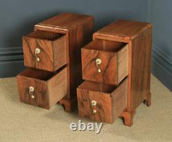 Antique Pair of English Art Deco Figured Walnut Bedside Chest Tables Nightstands