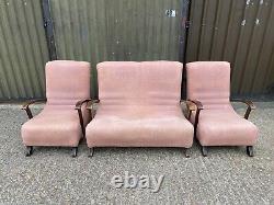 Antique art deco style oak framed three piece suite sofa two armchairs -Delivery