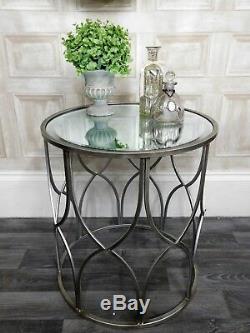 Antique silver metal round mirrored console side table shabby vintage chic home