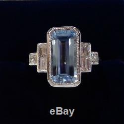 Aquamarine and Diamond Ring Art Deco Style 18ct White Gold Size N (US 6.75)