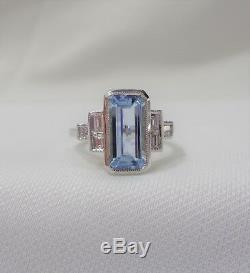 Aquamarine and Diamond Ring Art Deco Style 18ct White Gold Size N (US 6.75)