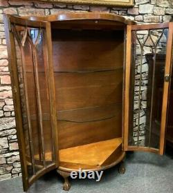 Art Deco Bow Fronted Walnut China Display Drinks Cabinet Claw Feet