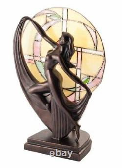 Art Deco Dancer Bronze Lady Figure Lamp Glass Shade Tiffany