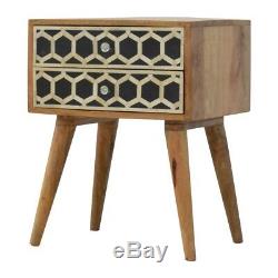 Art Deco Inspired Bone Inlay Geometric Bedside Table Artisan Made Solid Wood