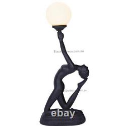 Art Deco Lady Kneeling Lamp, H73cm, Black Colour Table Lamp, Round Glass Shade