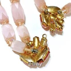 Art Deco Lalique Style Glass Bead 2 Strand Necklace Frosted Pink Givre Glass