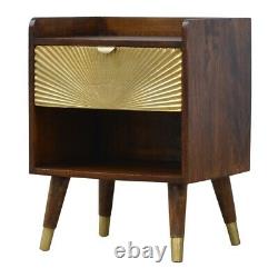 Art Deco Solid Dark Mango Wood Bedside Table Gold Sunrise Handmade Furniture