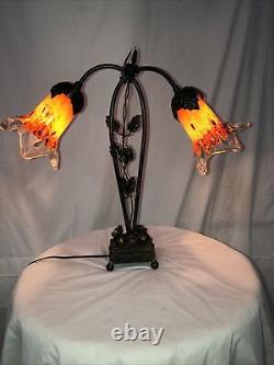 Art Deco Stl Handmade Wrought Iron Table Lamp 2 Blown Glass Shades Orange Multi