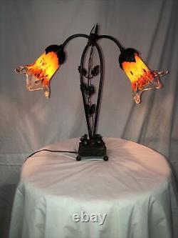 Art Deco Stl Handmade Wrought Iron Table Lamp 2 Blown Glass Shades Orange Multi
