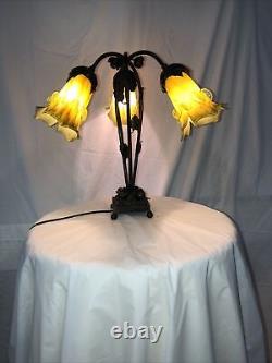 Art Deco Stl Handmade Wrought Iron Table Lamp 3 Blown Glass Shades Light Green