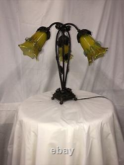 Art Deco Stl Handmade Wrought Iron Table Lamp 3 Blown Glass Shades Light Green