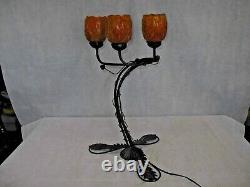 Art Deco Stl Handmade Wrought Iron Table Lamp 3 Blown Glass Shades Orange