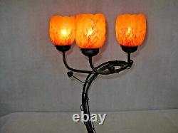 Art Deco Stl Handmade Wrought Iron Table Lamp 3 Blown Glass Shades Orange