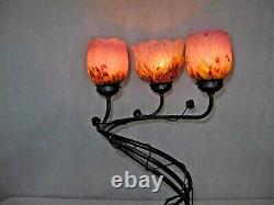 Art Deco Stl Handmade Wrought Iron Table Lamp 3 Blown Glass Shades Purple Multi