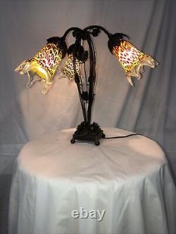 Art Deco Stl Handmade Wrought Iron Table Lamp 3 Blown Glass Shades Yellowithbrown
