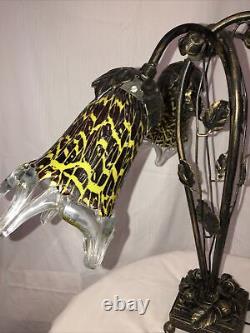Art Deco Stl Handmade Wrought Iron Table Lamp 3 Blown Glass Shades Yellowithbrown