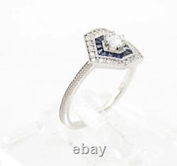 Art Deco Style 1.25 Ct Round Cut White & Sapphire Double Halo Engagement Ring