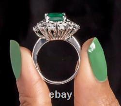 Art Deco Style 14k Real White Gold Lab Created Diamond & Emerald Engagement Ring