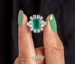 Art Deco Style 14k Real White Gold Lab Created Diamond & Emerald Engagement Ring