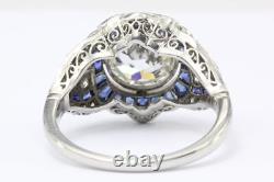 Art Deco Style 2.05 Ct Off White Round Moissanite & Blue Sapphire Wedding Ring