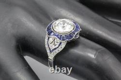Art Deco Style 2.05 Ct Off White Round Moissanite & Blue Sapphire Wedding Ring