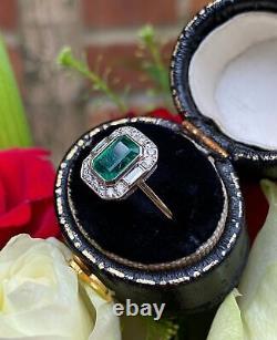 Art Deco Style 2.85 Ct Emerald & Lab Created Diamond Engagement Gold Filled Ring