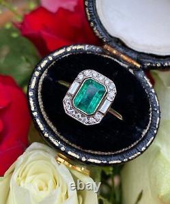 Art Deco Style 2.85 Ct Emerald & Lab Created Diamond Engagement Gold Filled Ring