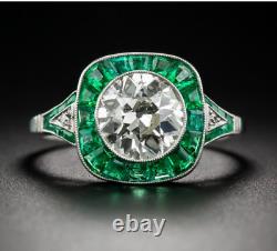 Art Deco Style 2.85 Ct Lab Created Emerald Engagement 14K White Gold Filled Ring