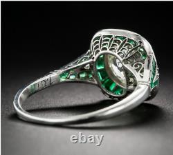 Art Deco Style 2.85 Ct Lab Created Emerald Engagement 14K White Gold Filled Ring